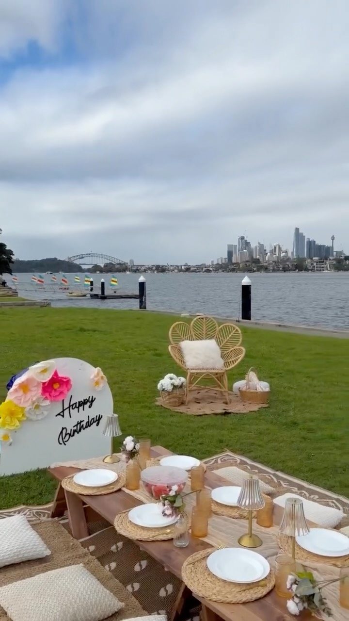 Sydney Harbour Bridge view from a styled picnic table